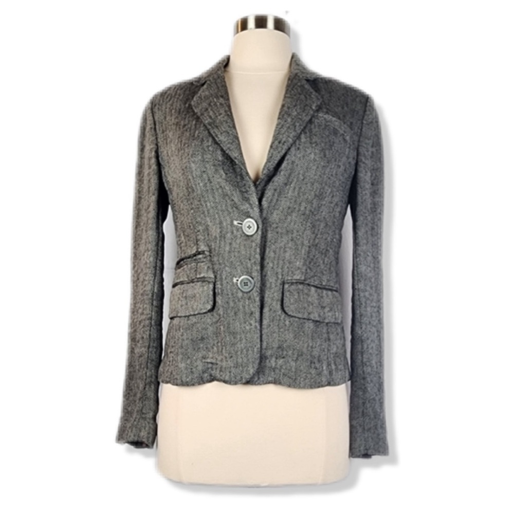 Eddie Bauer 100% Linen Lagenlook Taupe Herringbone Fitted Blazer Jacket 2